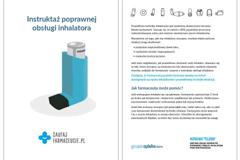 Instruktaż poprawnej obsługi inhalatora. Prawidłowa technika jest kluczowa dla skuteczności leczenia, zwłaszcza przy astmie. Farmaceuta pomoże opanować prawidłowe użycie inhalatora, np. typu aspulmo.