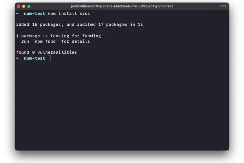 Terminal affichant la commande `npm install sass` sur Debian, avec succès.