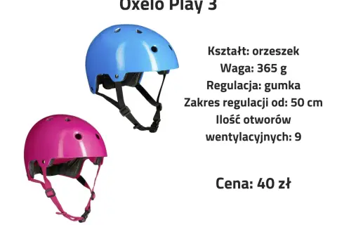 Dwa kaski dziecięce: niebieski i różowy, z widocznymi paskami i otworami wentylacyjnymi.