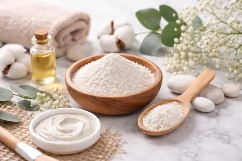 Kaolin co to? Biała glinka w misce i na łyżce, obok kosmetyków i ręcznika.