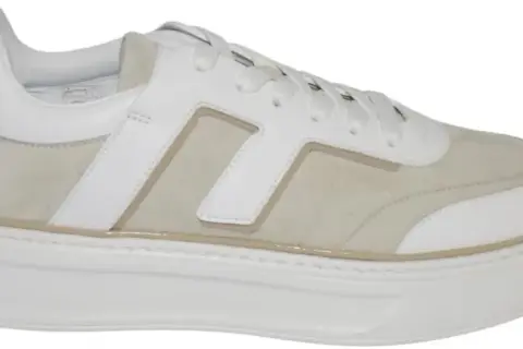 Sneakers uomo FABI bianche e beige in pelle e camoscio, con logo a H. Stile casual ed elegante.