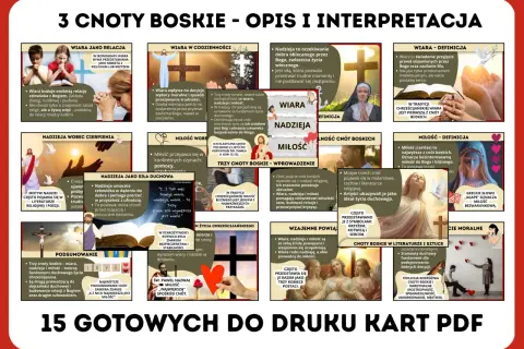 Grafika przedstawia kolaż ilustracji symbolizujących wiarę, nadzieję i miłość w kontekście chrześcijańskim.