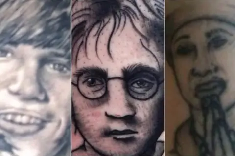 Tres retratos de tatuajes de fantasía: un joven sonriendo, Harry Potter con gafas y una persona rezando.