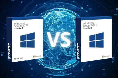 Cajas de Windows Server 2022 y Windows Server 2025 Standard frente a un globo terráqueo digital.