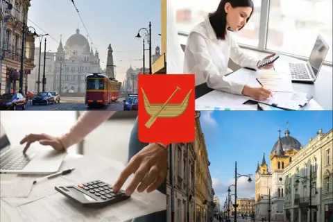Łódź: tram, budynki, herb miasta i osoby pracujące z dokumentami i kalkulatorem.