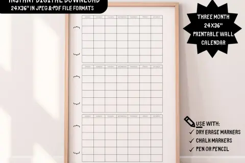 Calendario trimestral de pared imprimible, 24x36 pulgadas, ideal para planificar tus meses.
