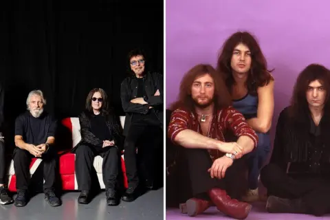 Legenda: Ian Paice, Roger Glover, Ian Gillan (wokalista Deep Purple) i Tony Iommi. Obok młodsza wersja zespołu z Jonem Lordem i Ritchie Blackmore'em.