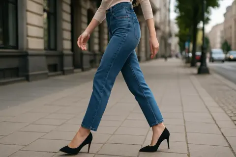Kobieta w niebieskich jeansach i czarnych szpilkach idzie chodnikiem.