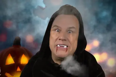 Ein Mann mit Vampirzähnen und blutigen Lippen, im Hintergrund eine leuchtende Kürbislaterne. Vielleicht die wahre Bedeutung von Halloween?