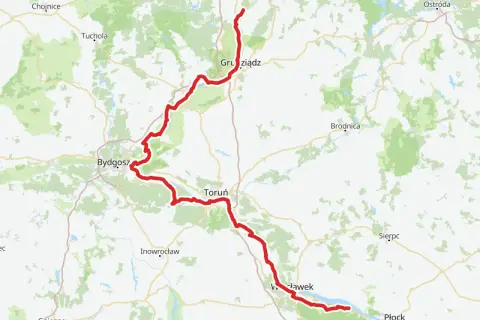 Mapa z zaznaczoną trasą rowerową wzdłuż Wisły, od Grudziądza przez Toruń do Włocławka. To fragment wiślanej trasy rowerowej Kujawsko-Pomorskie.
