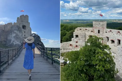 Spacer po malowniczych zamkach w okolicy Krakowa. Ruiny zamku na skale, z polską flagą na wieży, otoczone zielenią.