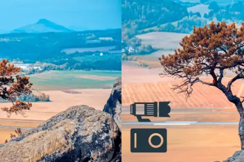 Dwa ujęcia tego samego drzewa na skale. Po lewej zbliżenie obiektywu 300mm, po prawej szerszy kadr.
