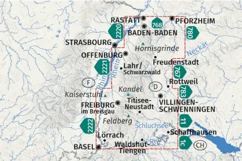 Carte touristique de la Forêt-Noire avec villes, routes et rivières.