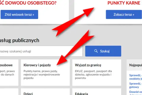 Dwa czerwone strzałki wskazujące na sekcje "Punkty karne" i "Kierowcy i pojazdy".