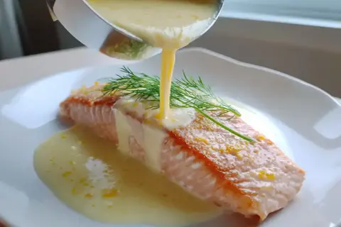 En saftig laxfilé toppas med en krämig sås, som ser ut att vara en härlig lemon curd. Dillkvisten ger en fin touch.