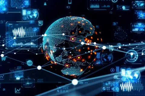 Cyfrowa kula ziemska otoczona wykresami i danymi, symbolizująca technologię i globalną sieć.