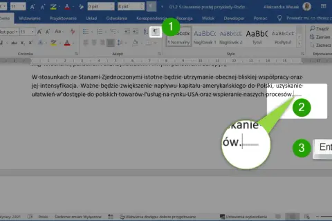 Zrzut ekranu z programu Microsoft Word pokazujący pustą stronę z zaznaczonymi elementami interfejsu.
