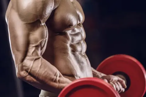 Ein Mann mit stark definierten Bauchmuskeln und Armen hebt eine Hantel. Die Muskelpumpe ist deutlich sichtbar, ein Zeichen intensiven Trainings.
