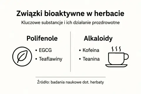 Związki bioaktywne w herbacie: polifenole (np. EGCG) i alkaloidy (kofeina, teanina). Badania naukowe o herbacie.