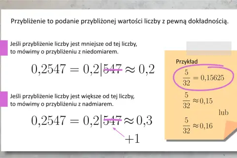 Przybliżenie liczby 0,2547 z niedomiarem do 0,2 lub z nadmiarem do 0,3. Przykład: 5/32 ≈ 0,15 lub 0,16.
