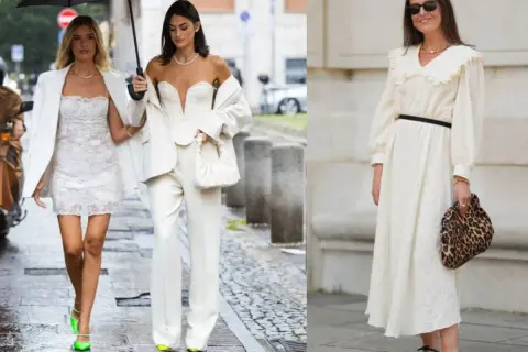 Dwie kobiety w białych stylizacjach, jedna w koronkowej sukience, druga w garniturze. Trzecia kobieta w ecru sukience. Różnorodne dodatki do białej sukienki.