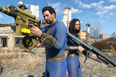 Dos supervivientes con trajes azules de Vault-Tec, armados y listos para la acción en un páramo postapocalíptico. ¡Los **códigos Fallout 4** podrían ser su única esperanza!