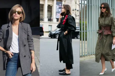 Kobiety w stylizacjach oversize: szary żakiet, czarny płaszcz z czerwonym akcentem, oliwkowa sukienka z szerokim pasem.