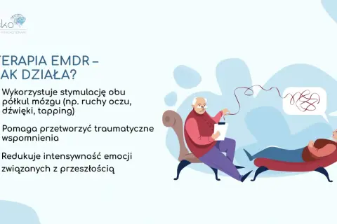 Terapia EMDR co to? Ilustracja pokazuje sesję terapeutyczną, gdzie terapeuta prowadzi pacjentkę, pomagając przetworzyć trudne wspomnienia.
