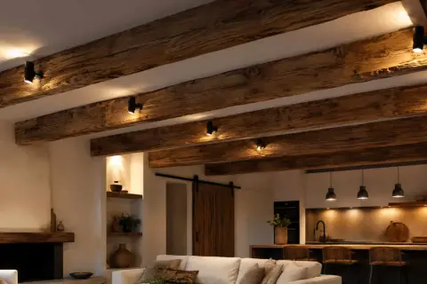 Poutre apparente en bois vieilli, éclairée par des spots discrets. Ambiance rustique et chaleureuse.