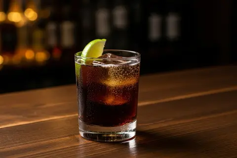 Ett glas rom och cola med is och lime på en träbar.