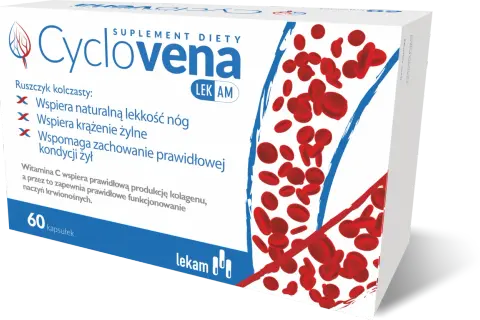 Opakowanie suplementu diety Cyclovena z czerwonymi krwinkami. Wspiera lekkość nóg i krążenie żylne.