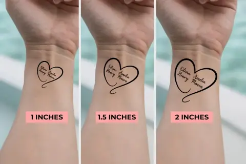 Trzy wersje tatuażu na ręce w kształcie serca z imionami: 1, 1.5 i 2 cale.