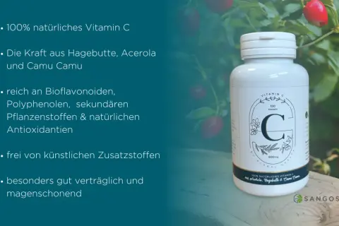 Flasche mit 100% natürlichem Vitamin C aus Acerola, Hagebutte & Camu Camu. Reich an Antioxidantien, magenschonend.