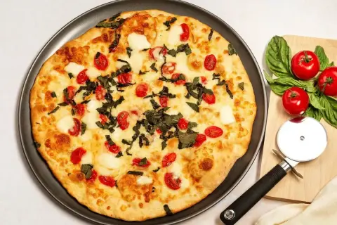 Pizzerinki z serka wiejskiego, z pomidorkami i bazylią, gotowe do pokrojenia.