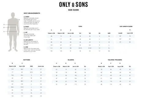 Guida taglie ONLY & SONS: scopri a che taglia corrisponde XS per top, pantaloni e blazer. Misure in cm per petto, vita, fianchi e braccia.