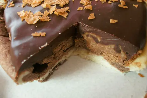 Une part de tarte au chocolat gourmande, avec une ganache onctueuse et des éclats croustillants sur le dessus.