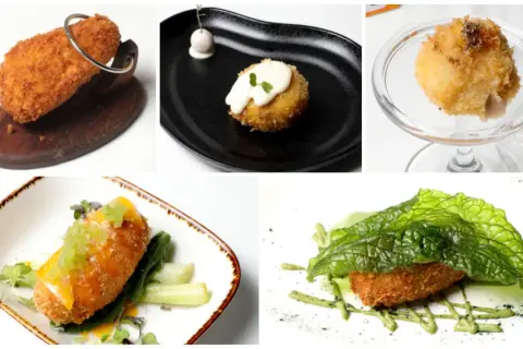 Cinco croquetas gourmet, algunas con salsas y guarniciones, listas para el concurso de croquetas Zaragoza.