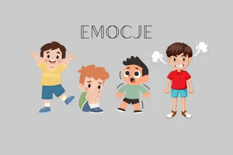 Radość, smutek, strach i złość – cztery różne emocje na obrazku, idealne do zabaw z emocjami w przedszkolu.