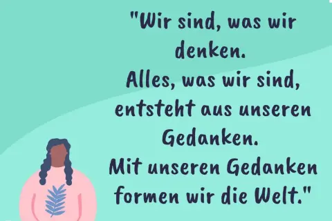 Illustration mit inspirierenden Zitaten über Selbstbewusstsein. Eine Person mit geflochtenen Haaren trägt einen Pullover mit Blattmuster.
