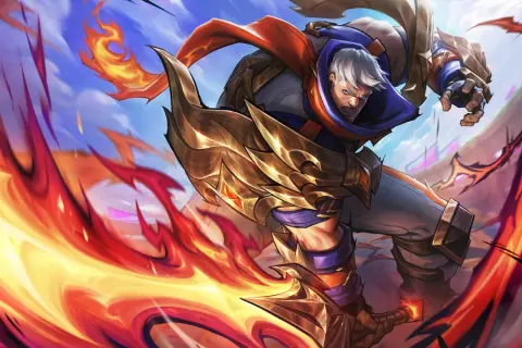 Garen w złotej zbroi, otoczony płomieniami, gotowy do walki.