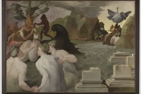 Ulysse navigue entre Charybde et Scylla. Des figures nues luttent dans les eaux agitées, tandis qu'un navire est pris dans un tourbillon menaçant.