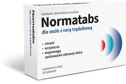 Opakowanie suplementu diety Normatabs dla osób z cerą trądzikową. Wspiera ochronę, oczyszczanie i zdrowy wygląd skóry.