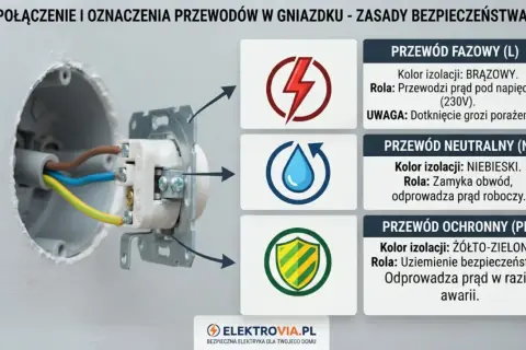 W gniazdku widać przewody: brązowy (fazowy), niebieski (neutralny) i żółto-zielony (ochronny).