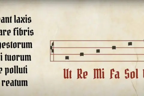 Note musicali su pentagramma, con testo latino e nomi delle note Ut, Re, Mi, Fa, Sol, La.
