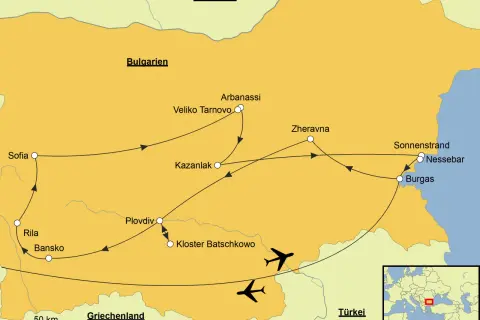 Karte mit einer **Bulgarien Route**, die Sofia, Veliko Tarnovo, Kazanlak, Plovdiv, Nessebar und Burgas verbindet. Flugzeuge deuten auf An- und Abreise hin.