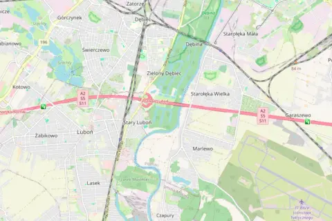 Mapa okolic Poznania z zaznaczoną autostradą A2, gdzie znajduje się odcinkowy pomiar prędkości.
