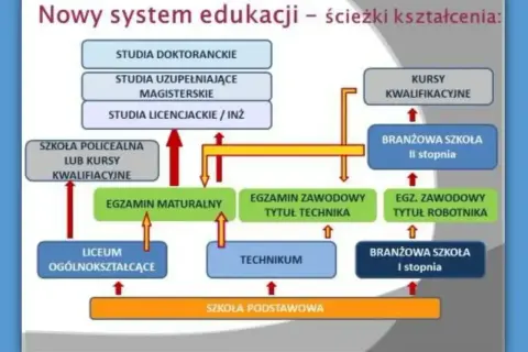 Schemat ścieżek edukacji po szkole podstawowej: liceum, technikum, szkoła branżowa, kursy, studia.