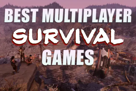 Postapokaliptyczny krajobraz z trzema postaciami, tekst "BEST MULTIPLAYER SURVIVAL GAMES".