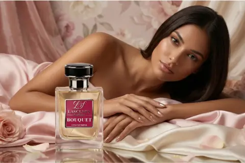 Kobieta otulona jedwabiem obok flakonu perfum Bouquet, niczym YSL Supreme Bouquet, emanuje zmysłowością.