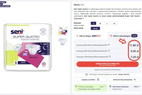 Pieluchomajtki Seni Super Quatro dla dorosłych. Sprawdź, czy pampersy dla dorosłych są refundowane przez NFZ i jakie są ceny z dofinansowaniem.
